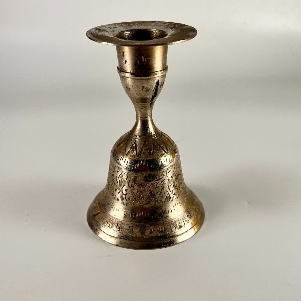 Metal Bell Service Ringer Candle Stick Holder Etched Collectible